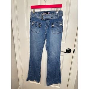 Y2K Bubblegum Medium Wash Grommet Denim Belt Lowrise Bootcut Jean Sz 7/8 Mcbling